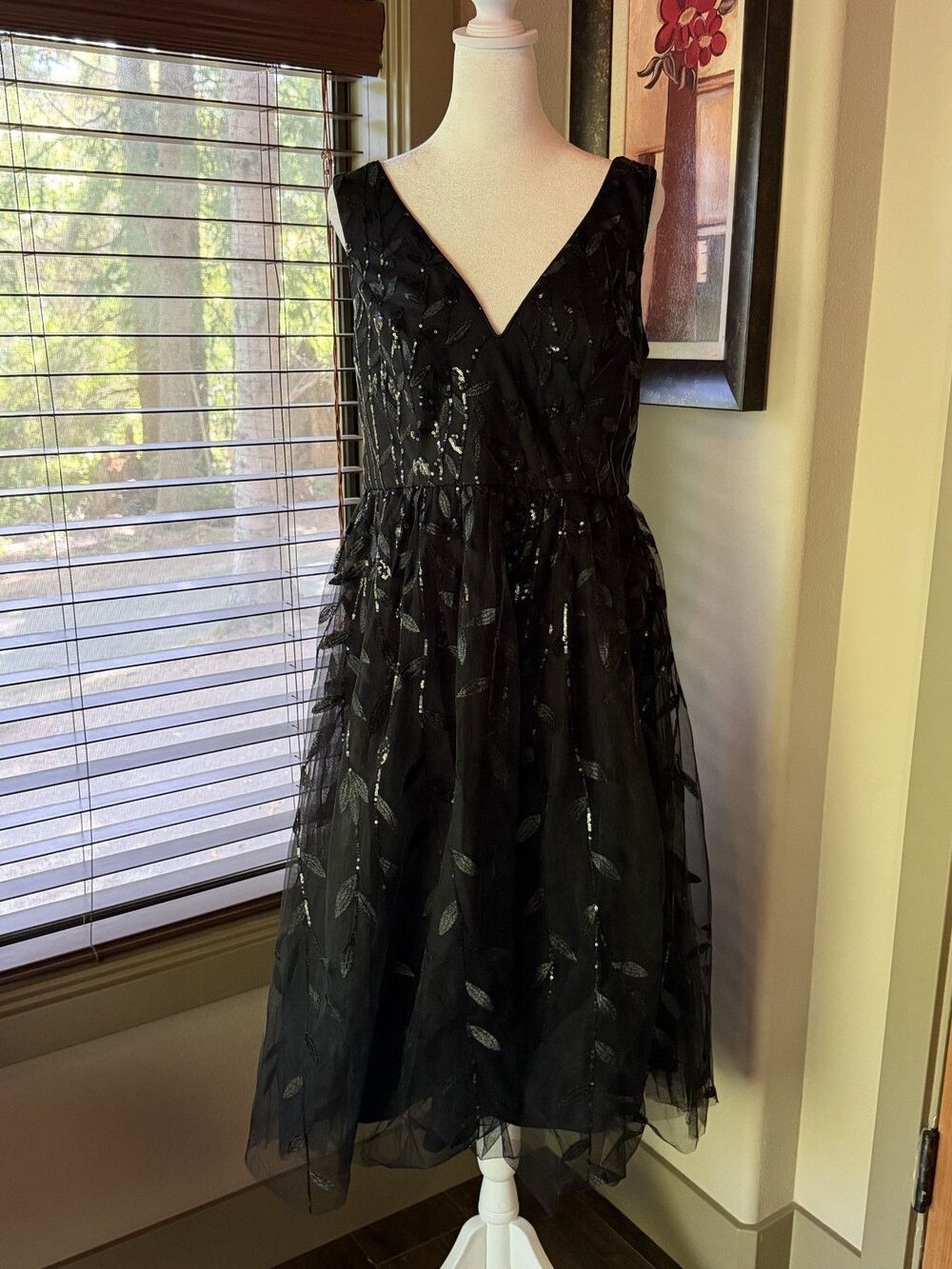 Ever-Pretty NWT Black Leaf Sequin Tulle A-Line Midi Cocktail Dress Womens XL